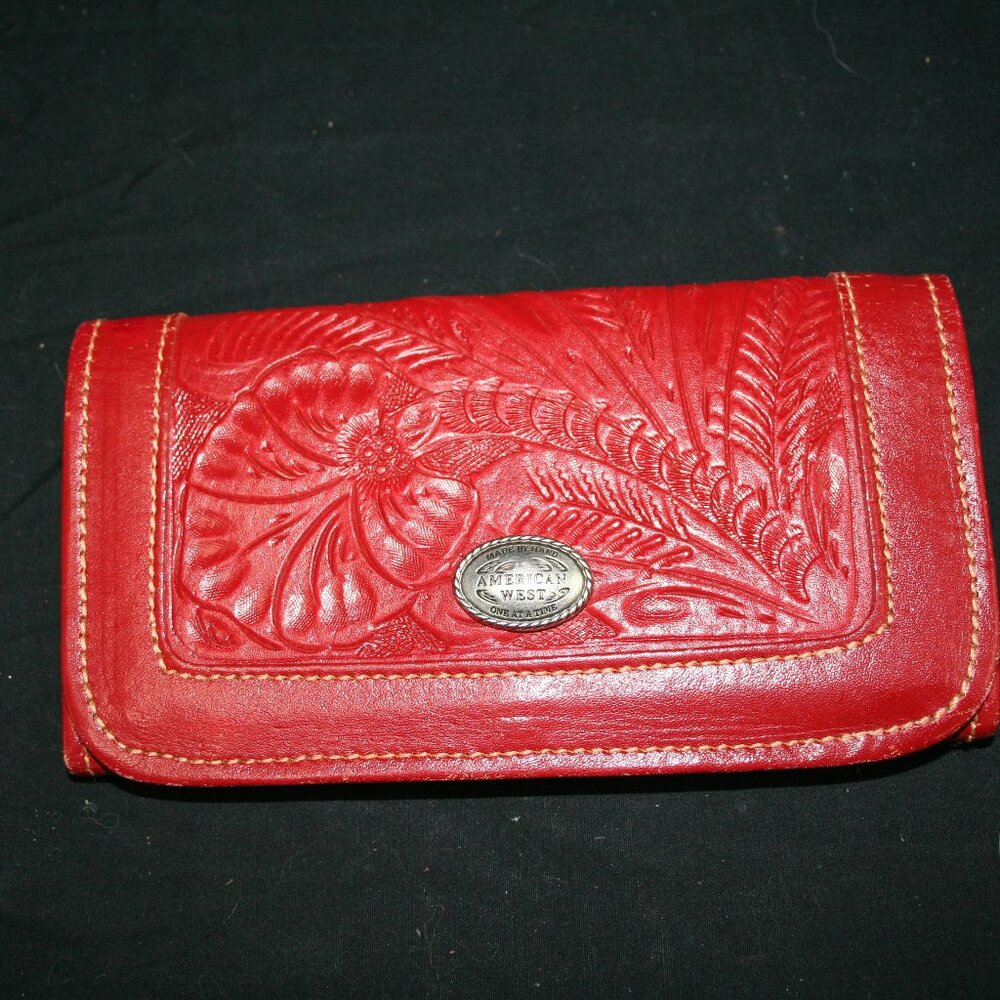 American West Tooled Red Leather Tri-Fold Wallet